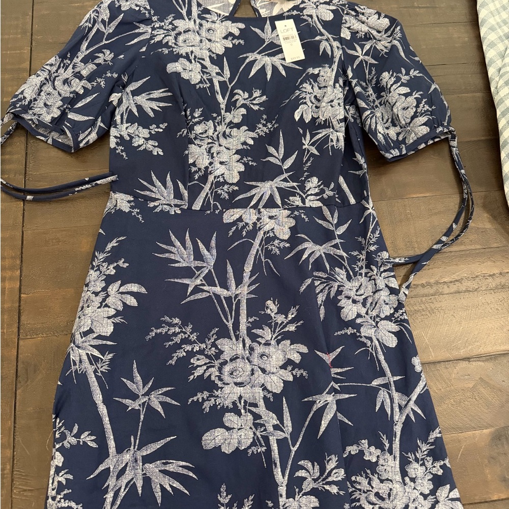 Floral Print Navy Dress with Tie Sleeves - LOFT